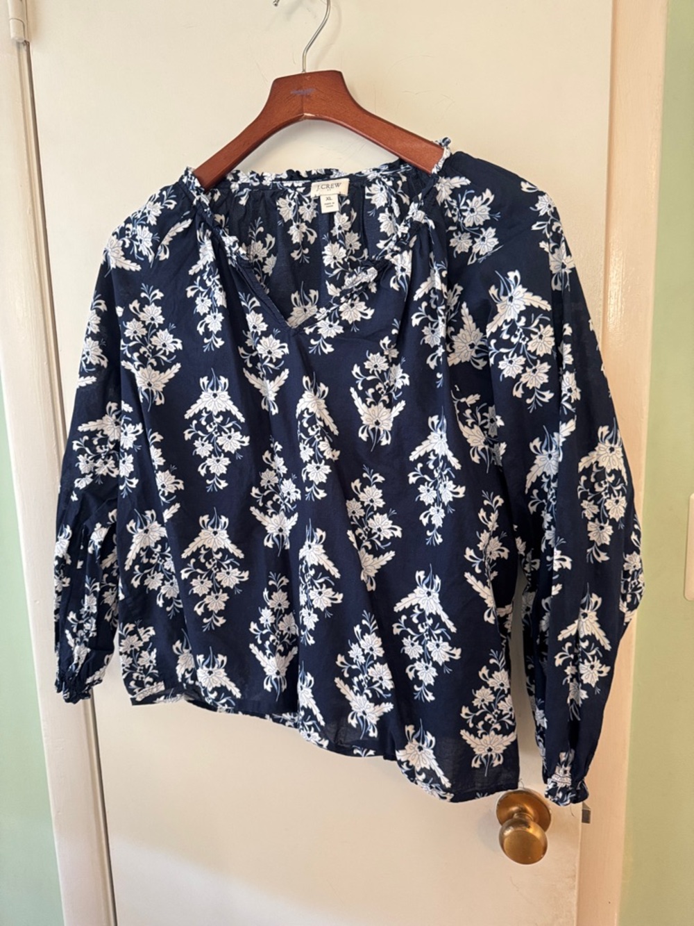 J. Crew Navy and White Floral Peasant Blouse